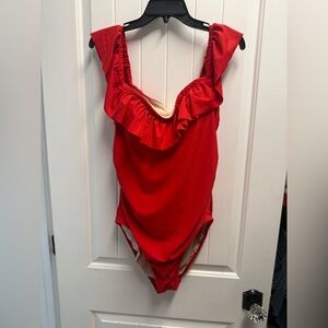Kona Sol Red Ruffle One Piece Bathing Suit Womens Sz XL Padded Bra